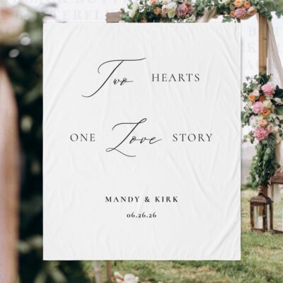 Two Hearts, One Love Story” Wedding Backdrop Tapestry
